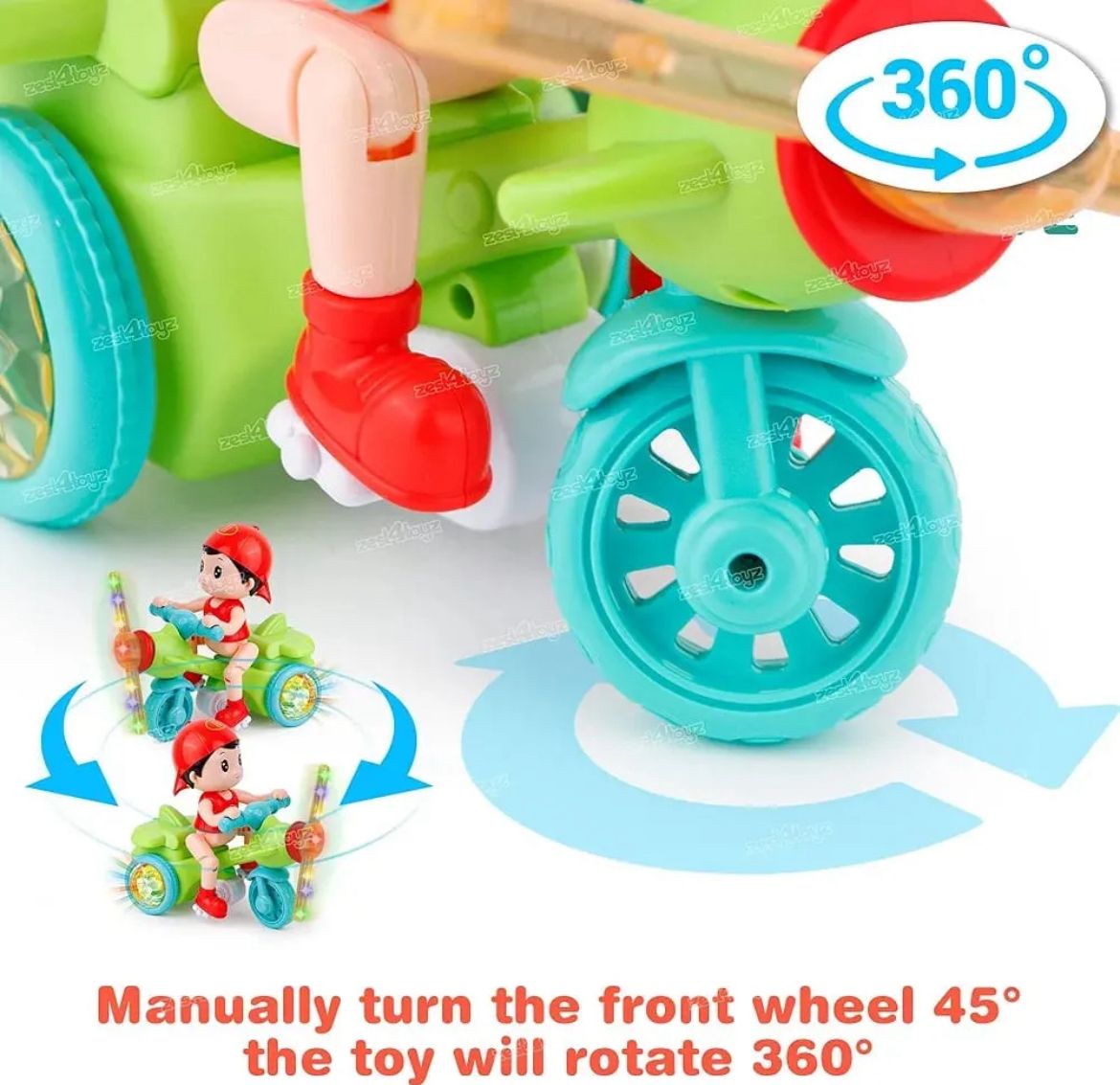 Children's Stunt Tricycle With LED Lights and Musical Toy For Kids and Running Fan. Musical Stunt Tricycle Toy.